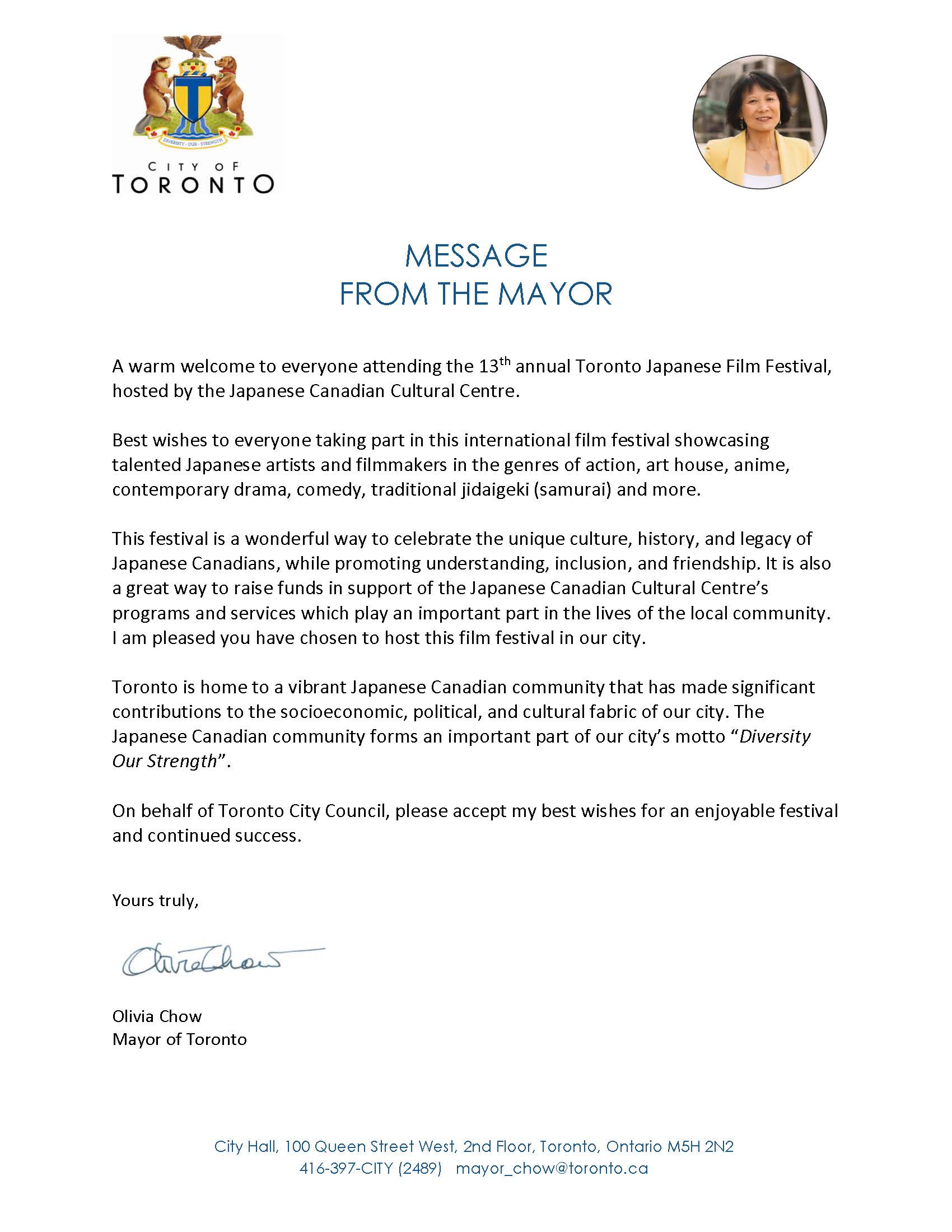 Message from the Mayor Olivia Chow