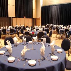 Kobayashi Hall banquet setup with blue table cloths