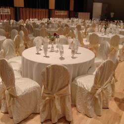 Kobayashi Hall banquet setup with white table cloths