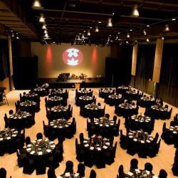 Kobayashi Hall banquet setup with black table cloths