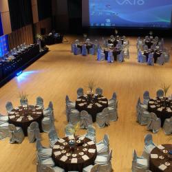 Kobayashi Hall banquet setup with brown table cloths